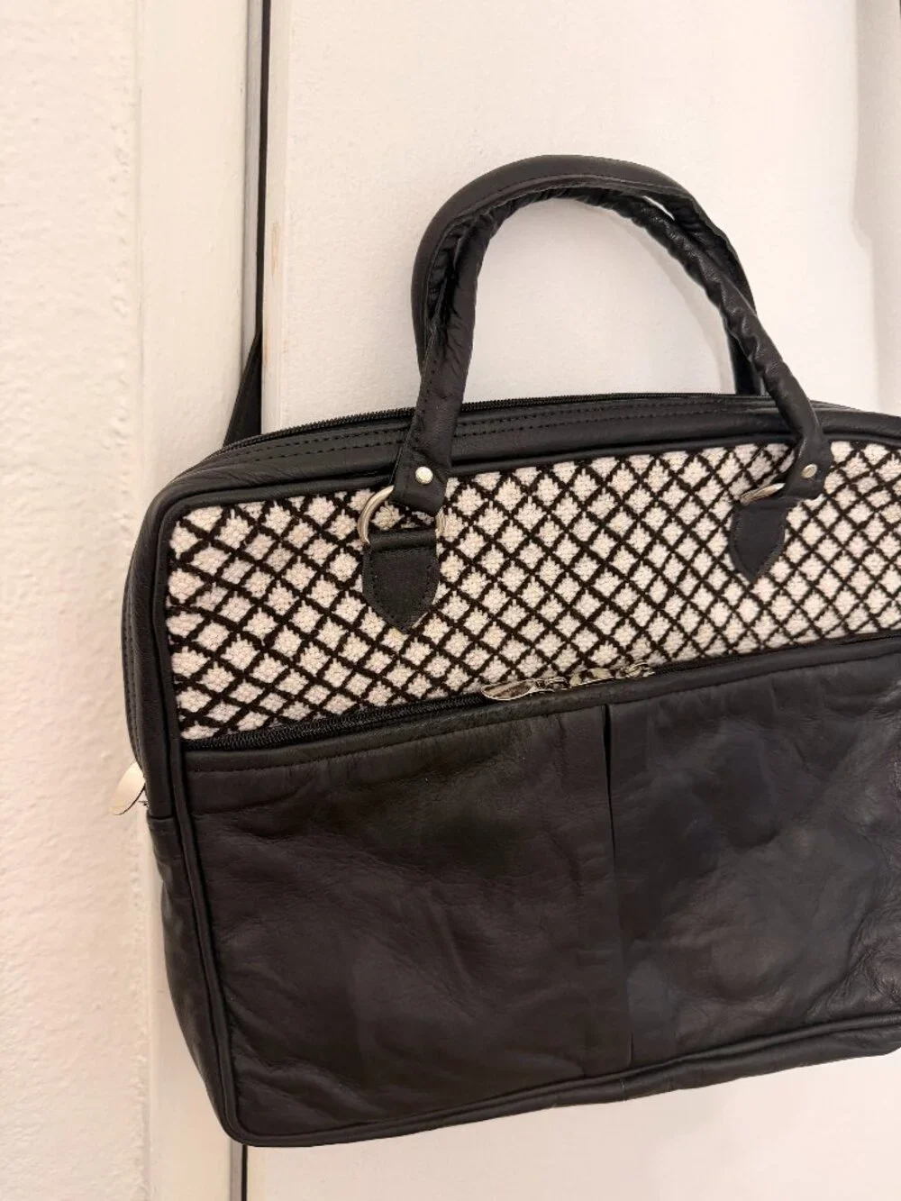 Moroccan Artisan Handmade Leather Briefcase & Inset Handwoven Rug Pattern